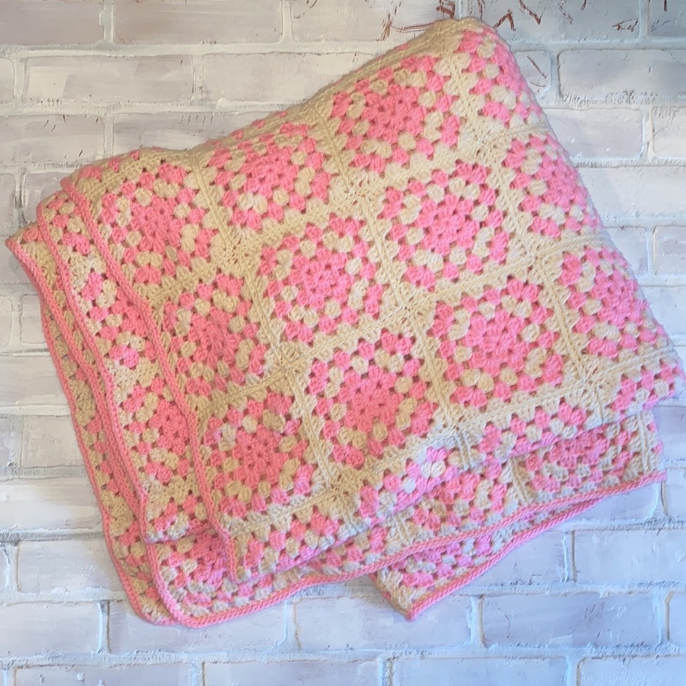 Vintage handmade pink white granny square crochet afghan blanket